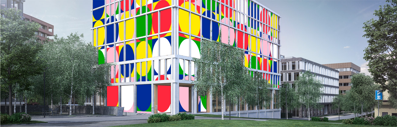 Visualisierung von farbigen Storen an einem Gebäude