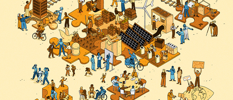 Wimmelbild von Justine Klaiber mit vielen Personen die sich mit dem Thema Nachhaltigkeit beschäftigen