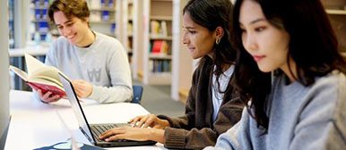 Gruppe Studierender liest in der Bibliothek individuell in Buch und Laptops.