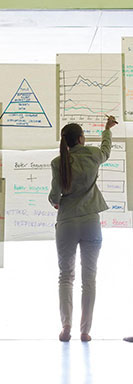 Studierende plant vor einer Wand mit Flipcharts ein Projekt.